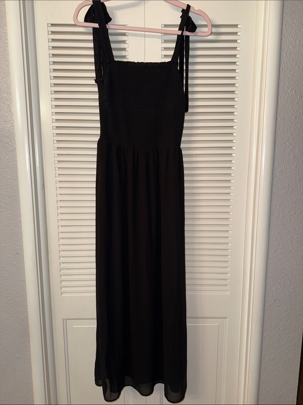 Black Tape_ Black Smocked Maxi Dress with Tie Shoulder Straps